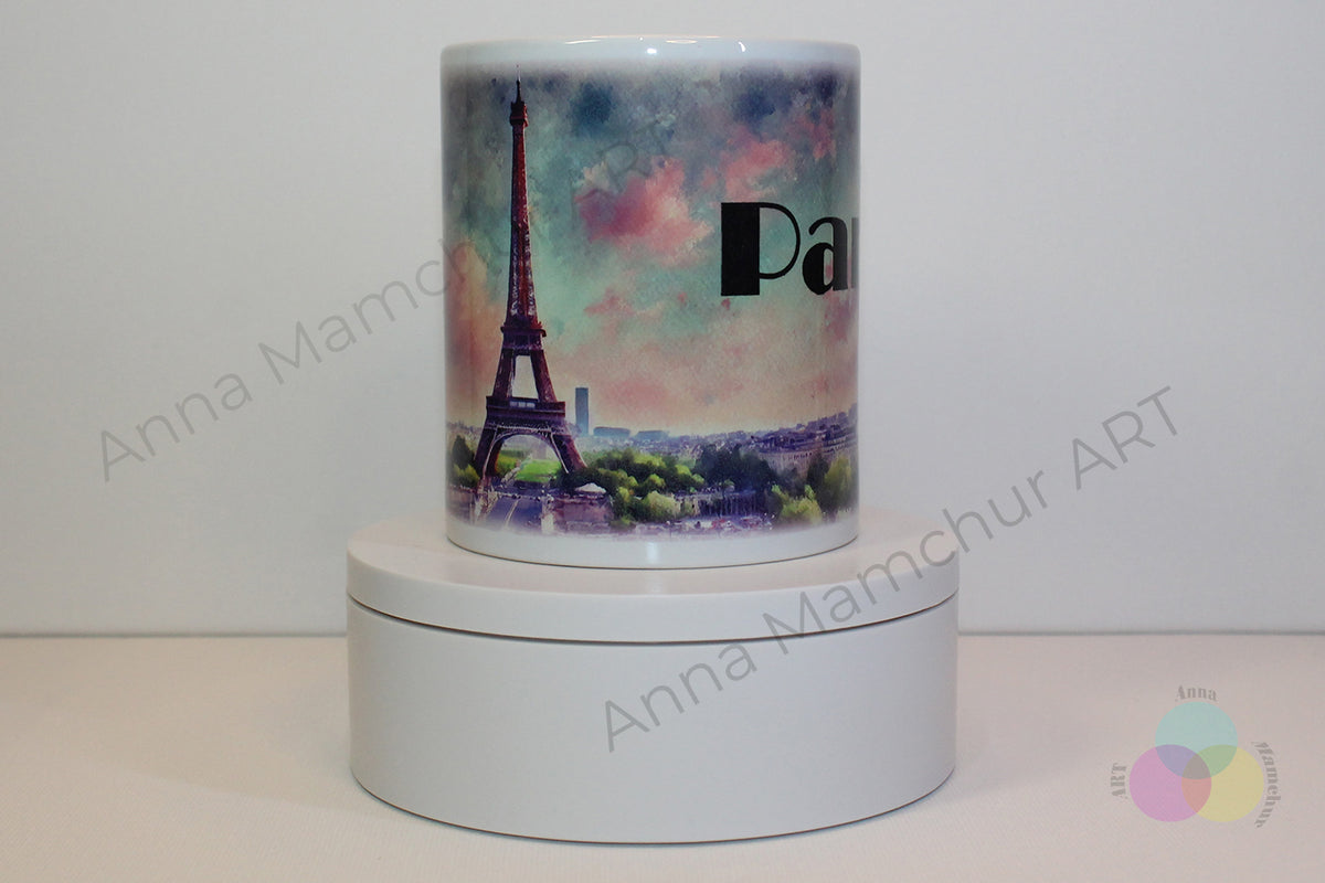 Tasse avec la tour Eiffel dans un style aquarelle — Paris | Design artistique par Anna Mamchur — 001PAA01M