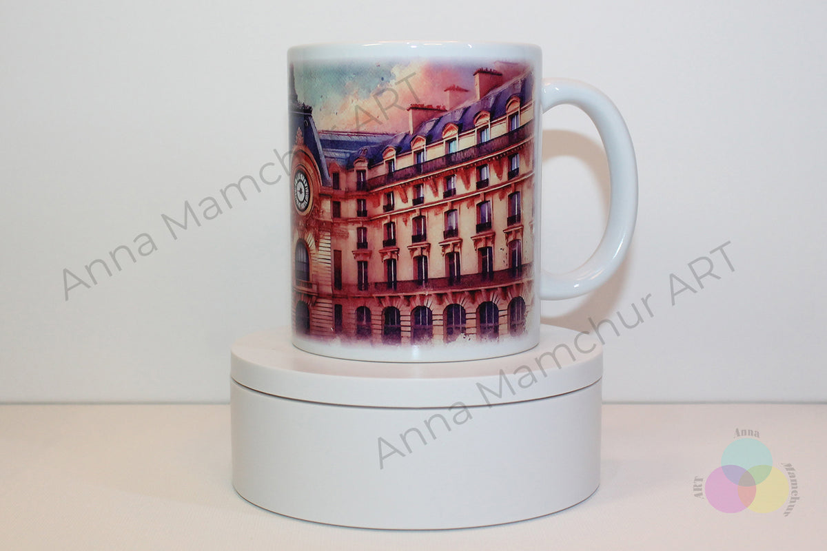 Tasse avec le Musée d’Orsay en style aquarelle — Paris | Design artistique d’Anna Mamchur — 005PAA01M