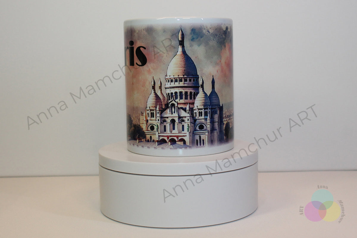 Tasse avec le Sacré-Cœur en style aquarelle — Paris | Design artistique par Anna Mamchur — 006PAA01M